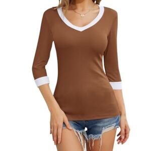Nunflue Women’s 3/4 Sleeve T Shirt V-Neck Color Block Tunic Ribbed Top Brown L